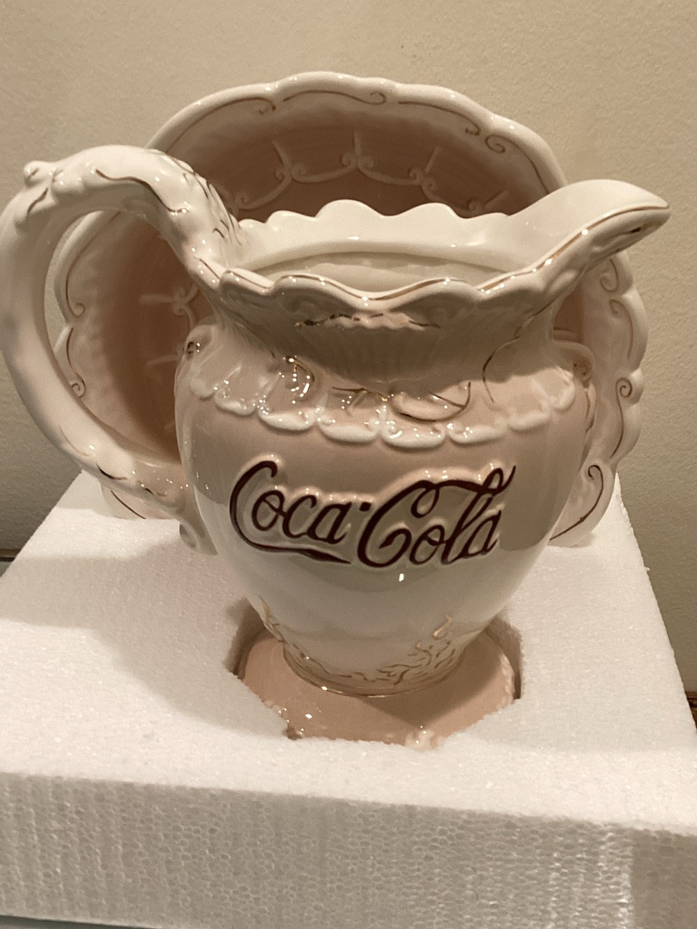 Coca Cola Cream and Gold Ceramic Pitcher with Script Logo